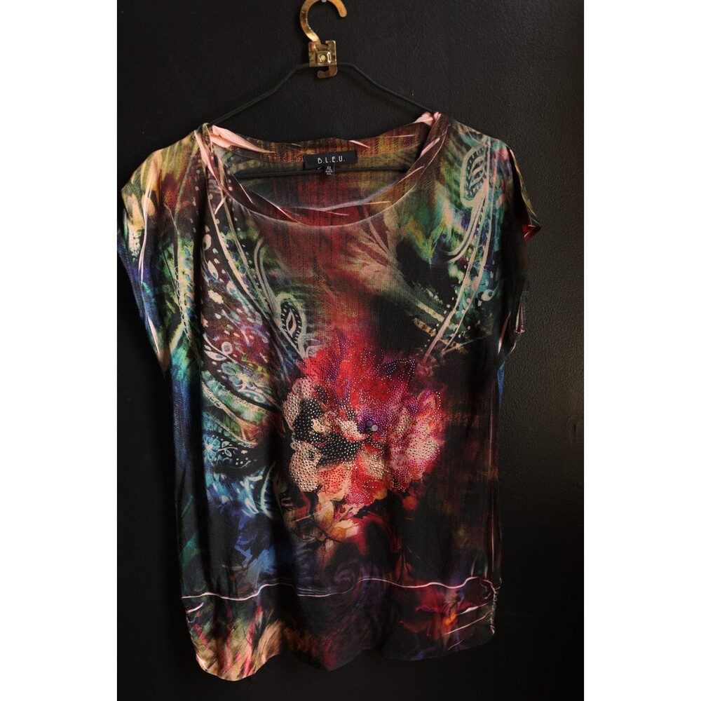 Vintage Y2K BLEU Rhinestone Embellished Colorful Top Short Sleeve Fairy Grunge